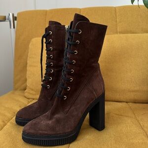 🎁 Tods brown suede quilted winter high heels boots 39 9 8.5